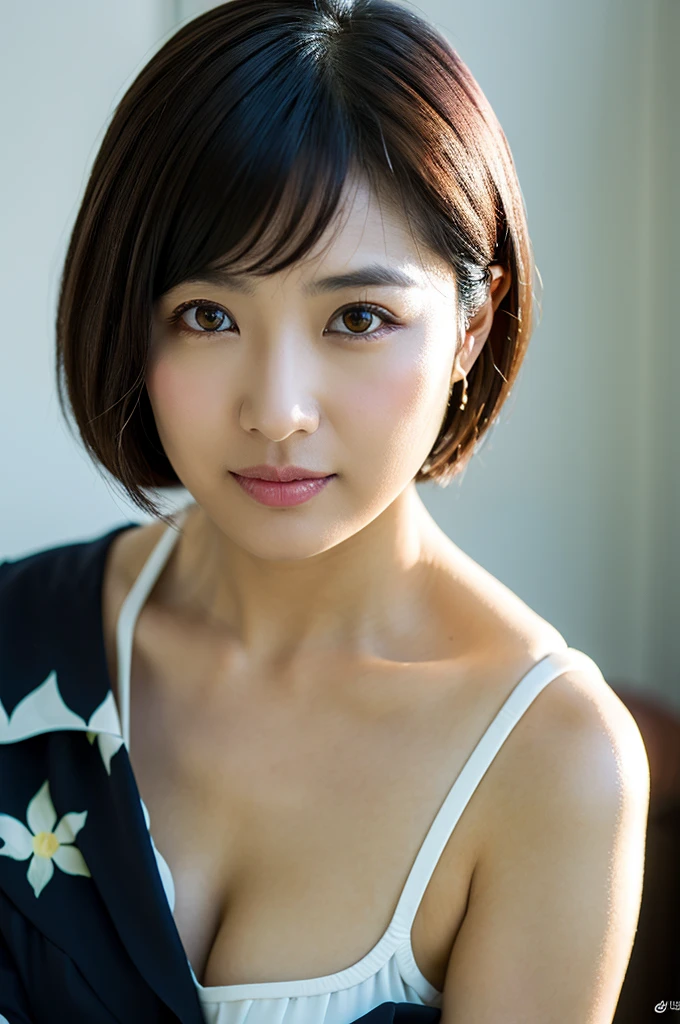 (8k, Realistic:1.4, RAW Photos, Best image quality: 1.4), 30 year old Japanese Female, Cleavage: 1.4, Matching Breasts, Boyish Woman, Sporty Short Haircut, Wearing Casual Off the Shoulder Jacket, Shoulders Out, Dark Room, Sleepy