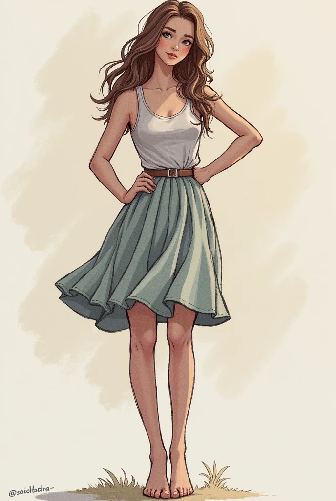 sketch of a pretty girl, nude , teenager, cute skirt, messy hair, sharp shadows, deep contrasting colors, nice hands, nice face, clean lines, high detail, colorful, full body