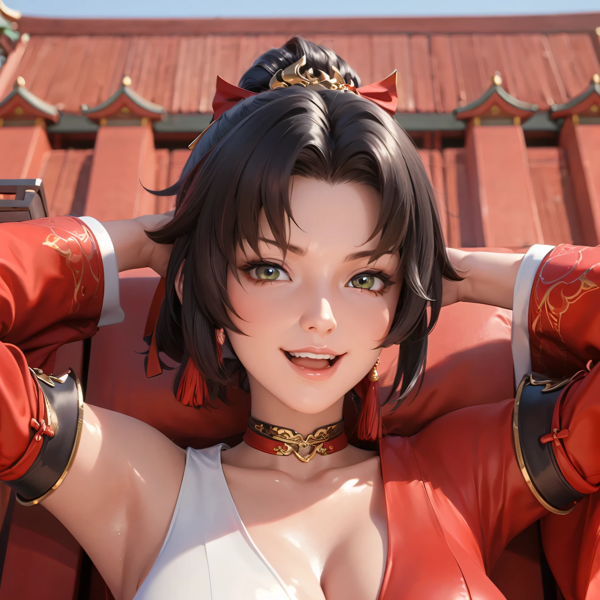 highres,best quality at best,masterpiece,quality,best quality,delicate facial features,look at the audience,there is light in the eyes,WZRYyunyingYP,(masterpiece),(best quality),masterwork,semrealistic,realistic,mature female,wide hips,fair_skin,shiny_skin,3d render,<lora:云缨yunying_ILV2-000016:0.6>,yunying,short hair with ponytail,black hair,red and white traditional outfit,red sleeves and shoulders,gold ornate patterns,black wide belt with gold decorations and red buttons,red and green necklace,hair accessory,red tassel accessory,thigh-high black boots with gold accents,big breasts,(thick_thighs:1.1),chinese ancient architectural background,(serious+:d:1.1),on roof,lying,from_above,arms_behind_head,