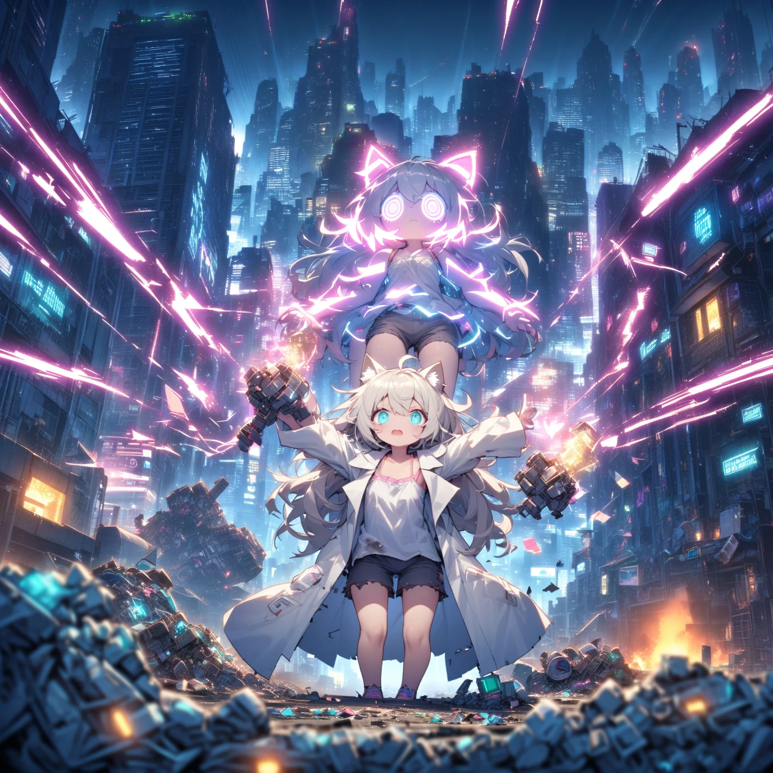 A cat-eared girl piloting a doll robot bigger than a building made of garbage. She is petite, cute, wearing glasses, messy hair, a camisole, shorts, a dirty lab coat, with her arms outstretched, a condescending expression, and a loud laugh. The doll robot destroys the city, with neon lines running all over its body, a huge hammer in its hand, and beams shooting from its eyes. The background is a cyberpunk world, with burning skyscrapers, mountains of garbage, glittering cityscapes, and the darkness of night.