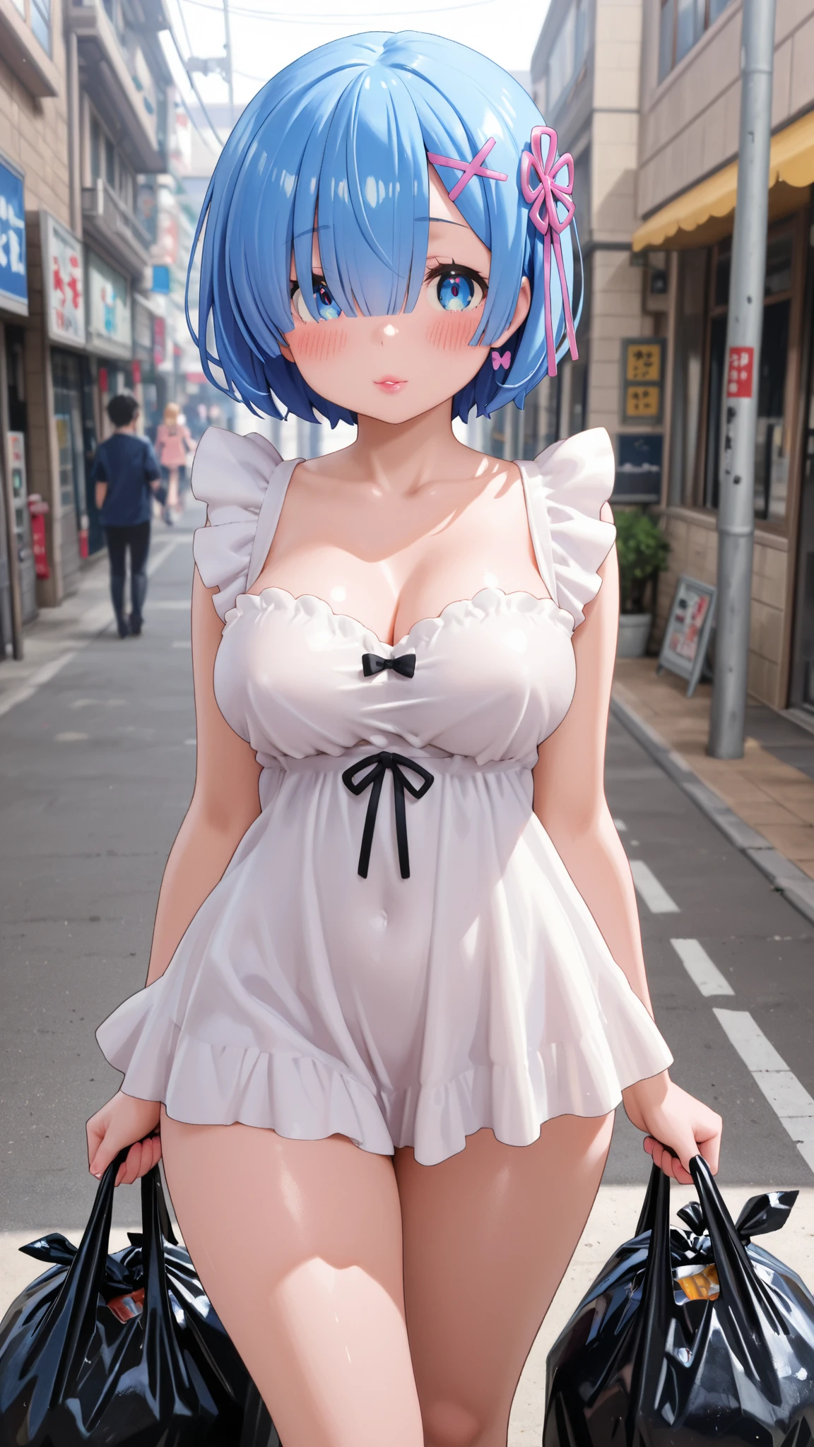 (highest quality, High resolution:1.2), (girl standing and looking at me),Maid clothes、lolita costume、 detailed and beautiful eyes, blue hair、short hair、rezero rem、Rem dense and beautiful lips, highly detailed eyes and face, long eyelashes, Moderate:oil, Bright colors, HDR, studio lighting, Ultra-fine painting, sharp focus, Physically based rendering, extreme details, portrait, curved body, Moderate胸, perfect shape, Face-to-face audience, sweaty, nice, Half-body photo, displayed in full frame, lace sexy underwear,babydoll、exposed bare shoulders， outside， ancient city、wet clothes