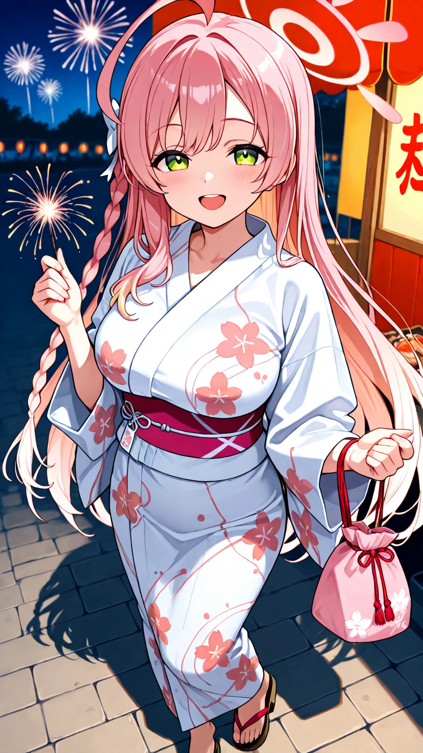 Masterpiece、Highest quality、Super detailed、1 girl、(Big Tits)、Fluffy and soft long hair、Red-pink eyes、Cleavage、(The underboob is visible)、smile、Too big breasts、Fireworks display、yukata