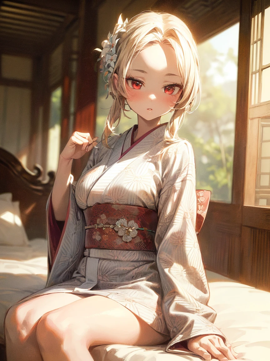 One blonde girl、red eyes、Kimono、beautiful foot