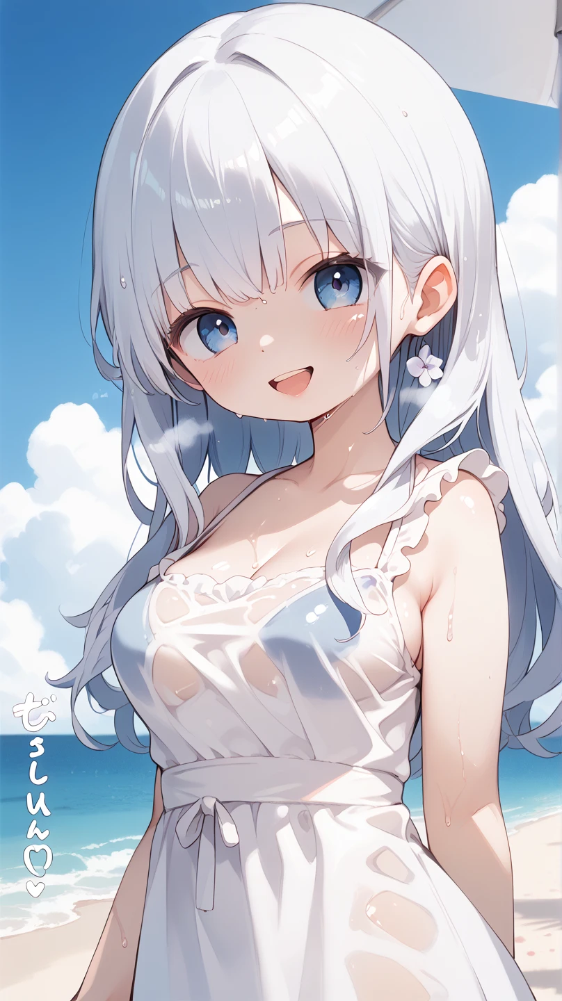 highest quality)), ((masterpiece)),Perfect Face((highest quality)）cute,Adult beautiful girl,Pure white hair、Long Hair、Purple Eye、1 person、Cute, Short Hair、Beautiful eyes,Beautiful breasts、8K、wallpaper、Thighs、Slender body、Small face、smile、Thighs、heart-shaped pupils、 Slim body、Straight hair、Straight Hair、Thin、slim、breakfast、Blue-green Brassiere、Panties、