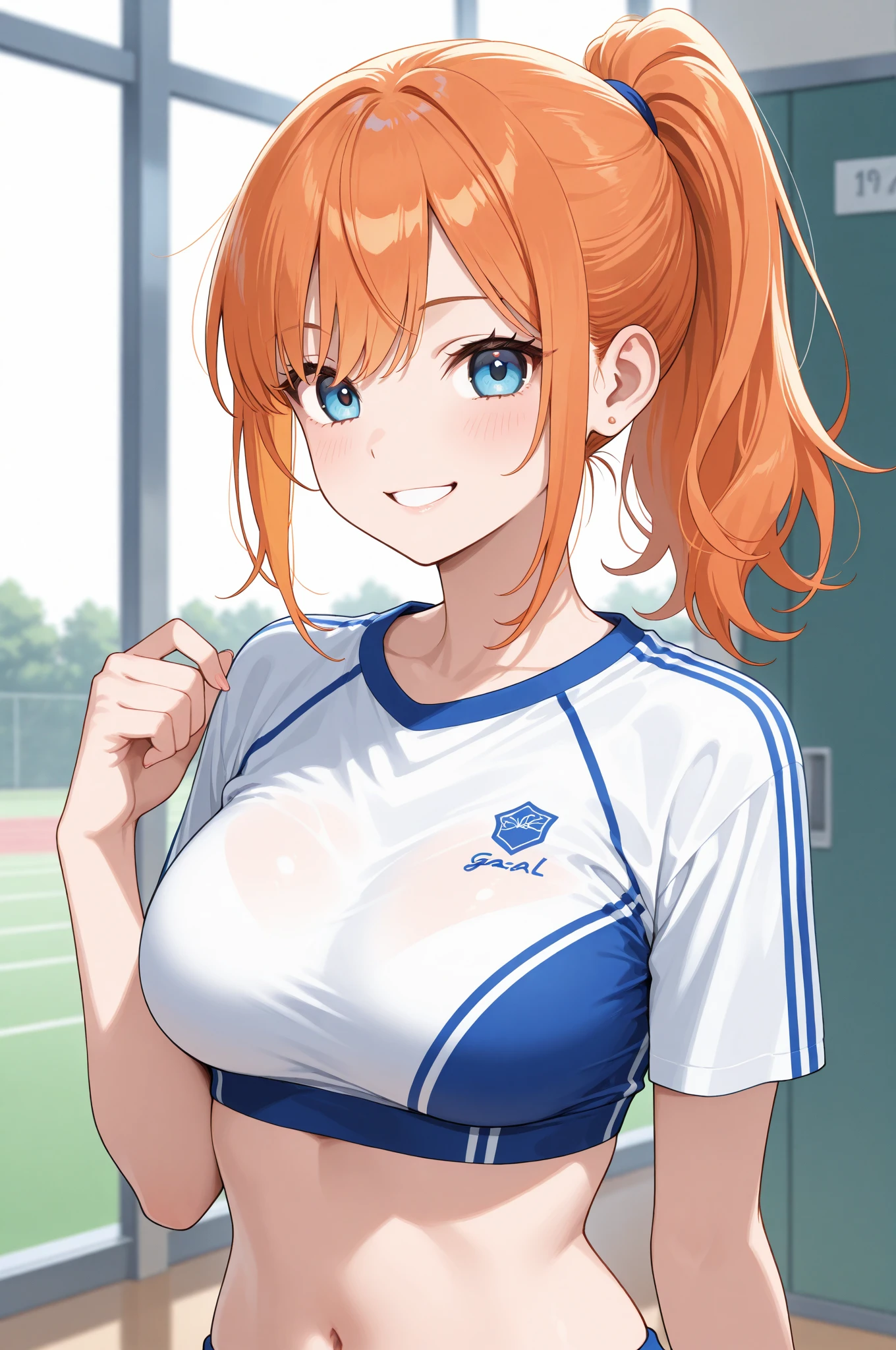 Honoka kousaka love live, cowboy shot, blue eyes, orange hair, very small micro skirt, tinnies crop top,cap, sweating, cleavage , tinnies stadium , adjusting her top, school sports room