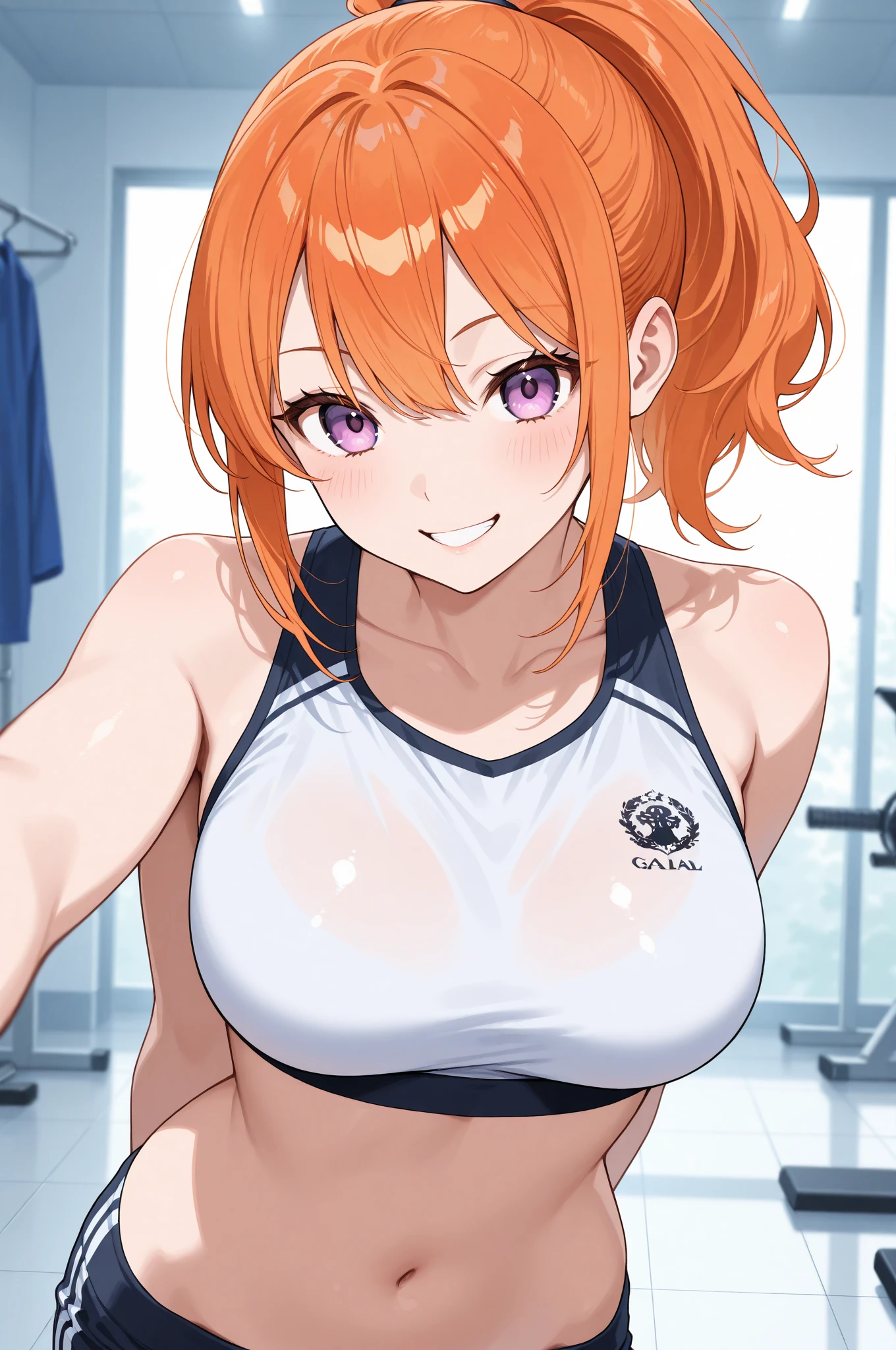 Maki nishikino,love live,highres, pov, (above),red hair , purple eyes,blush ,breasts , yellow criss-cross halter ,hair between eyes ,half-closed eyes ,head tilt,looking at viewer , leather pants, covered erect nipples , kneeling,white background ,drunk, erect penis, foreskin,precum,male pubic hair