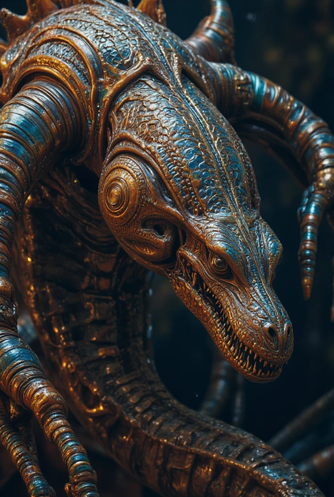 <lyco:DonML1quidG0ld-000008:0.8> ((best quality)), ((masterpiece)), ((realistic)), (detailed), DonML1quidG0ld Small Alien Symbiotic Minimalist Reptilian, 1 Leg Hexamanual, Six-Fingered Hands, nine-Tailed Spiked-Tailed, Icy Scales, Antler-like Horns Hinged Jaw Giraffe Spot Design, ((masterpiece)), absurdres, HDR, <lora:add_detail:1>, <lora:LowRA:0.5>