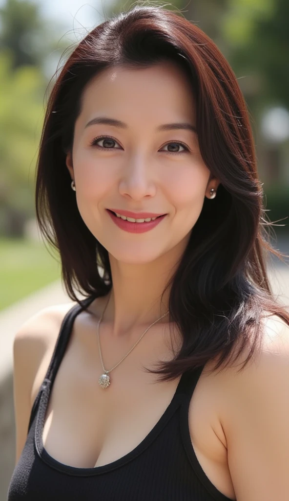 Dark brown hair, light brown eyes, Japan actress face, adult woman, face about 40 years old, (complex details: 1.2), (highest quality: 1.4), (ultra high definition: 1.2), ultra high resolution, (detailed eyes), (detailed facial features), HDR, 8k resolution, terrace in the woods, moderately sized breasts, wearing a thin sheer blouse shirt, bra showing through, Wearing a sheer tight miniskirt, buttocks, buttocks showing towards us, smooth knees,