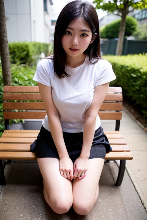 Highest quality, Ultra-high resolution, Highly detailed skin, Physically Based Rendering,Down blouse, Looking down,(A 14-year-old Japanese girl is squatting with her hands on the ground.., looking at the ground、Very good, Small breasts, Nipples are visible, from the front),(Japanese school girl uniform),(Beautiful background:1.2), (Cleavage), (White underwear)Long black hair, open-necked white blouse