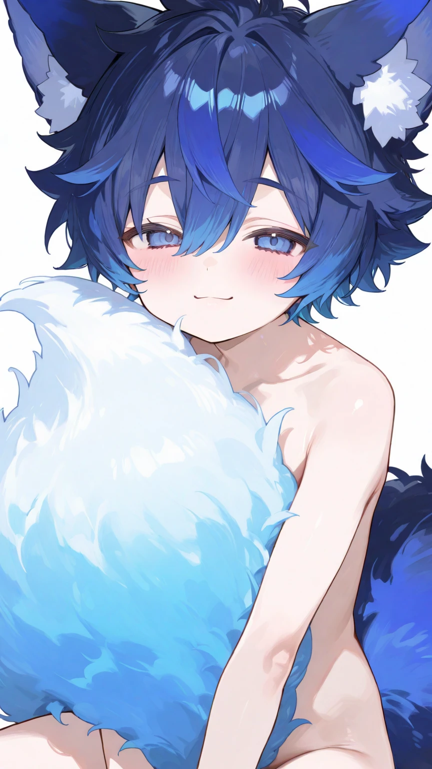 A white-haired and blue-bodied cat,shag short hair,whaite hair,cat ear,Blue hair everywhere,Big fluffy tail,Humanoid,adolable,shorter pants,The shirt,Humanity,hairy pubic,being thin,eBlue eyes,High-quality portraits,best qualtiy,(Highest high resolution,Pubic area is clear)eyes with brightness,,Character focus,Rejoice,比基尼