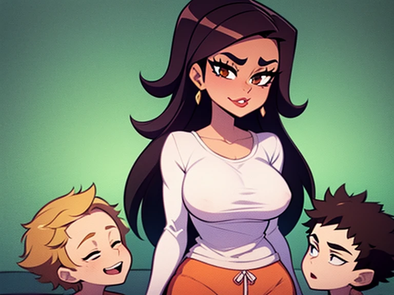 Estilo Pixar, tres personas, una padre, two girls, a girl with long black hair tanned skin 
