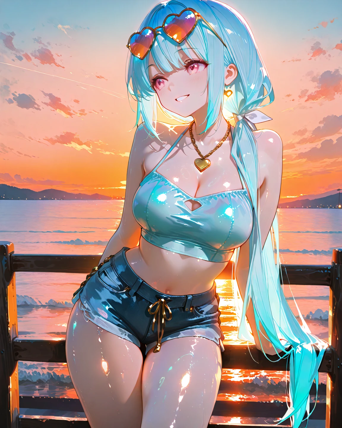 masterpiece, exquisite, {beautiful and meticulous girl}, beautiful and detailed halo, (fire of war: 1.2), (fire explosion behind: 1.3), rain, detailed lighting, detail water, (beautiful and detailed eyes: 1.1), glitter_force, palace, sky blue hair, scattered hair, long bangs, eyebrows, (Open Stitch Ring Linked Halter Neck Backless Swimsuit: 1.1), black ribbon, white bow tie, upper abdomen, big forehead, flower, leaning forward, hands on knees