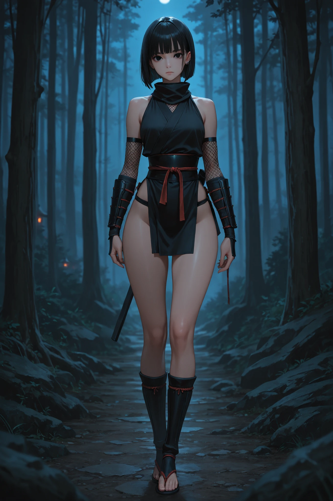 ((1girl, solo)), (((cowboy shot))), (legs apart:1.5), (large breasts:1.5), beautiful body, (perfect anatomy, perfect body, perfect hands, perfect legs), natural proportions, sexy body, (full body, full-body shot, full body front:1.5) BREAK
((extremely detailed face)), (beautiful detailed eyes:1.6), (realistic pupils, realistic iris:1), expressive eyes, looking at viewer, (clear eyes:1.3), (hyperrealistic:1.2), (detailed skin texture:1.2), smooth skin, kuki shinobu, purple eyes, green hair, ((mouth mask)), perfect face, perfect eyes BREAK
ninja, (fishnet top:1.5), (crop top:1.5), cleavage, (shoulder armor:1.2), (arm guard:1.5), partially fingerless gloves, midriff, black panties, ((black thighhighs)), (((greaves))), sandals, (revealing clothes:1.5), (samurai armor:1.5), tassel, thighs, ass visible through thighs BREAK
outdoor, day, japanese building, east asian architecture BREAK
(masterpiece:1.5), anime-style, top quality, best quality, (beautiful and aesthetic:1.2), (ultra detail:1.5), Ultra-detailed depiction, Ultra-precise depiction, extremely detailed 8k illustration, high resolution, (highly detailed shading:1.2), (realistic lighting:1.4), perfect lighting, vibrant colors, dynamic tones, striking hues, 8k, absurd resolution, perfect shadows, hdr, UHD, ambient lighting, realistic, ultra-realistic, photo realistic, highly detailed, rich detail, luminous colors, fine texture, intricate design, professional illustration, (soft light:1.2), (illustration:0.7)
