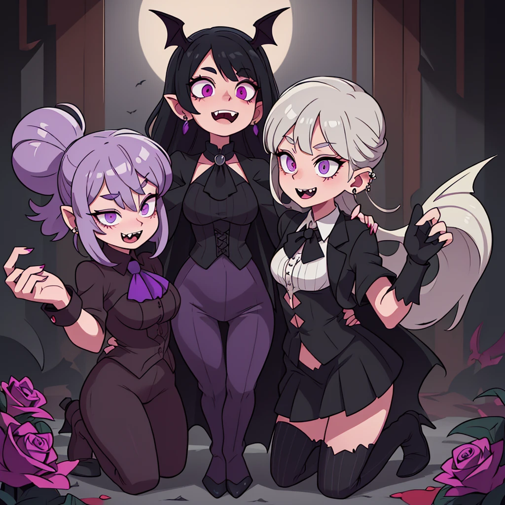 Dark skin girl, muscular body, white hair, purple eyes, devil horns, wings , ponytail, dark skinned, wearing a suit with skirt, wearing leg warmers, evil grin, energetic smile, black skin,