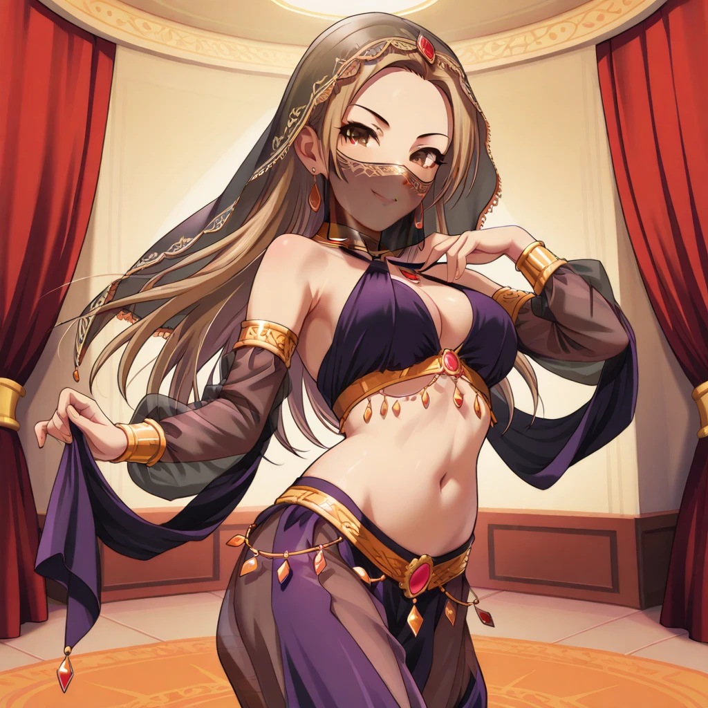 Brown Hair, Small breasts, 1girl, 独奏, large breast, blush, lipstick, masterpiece, best quality, highly detailed ,glint,halterneck,gold_choker, complex detailed background,
inside, stone wall, ancient interior, ancient egyptian room, hieroglyphs, dark lighting, dark
atmosphere, (cowboy shot), holding a sword, sword, belly_chain,harem_outfit,navel, necklace,
pelvic_curtain,revealing_clothes, Veil,masterpiece,best quality,1girl,mature,evil smile, smile,
female,mature,necklace,during, (nsfw) not safe for work, exposed belly, exposed navel, exposed
midriff, exposed lower belly