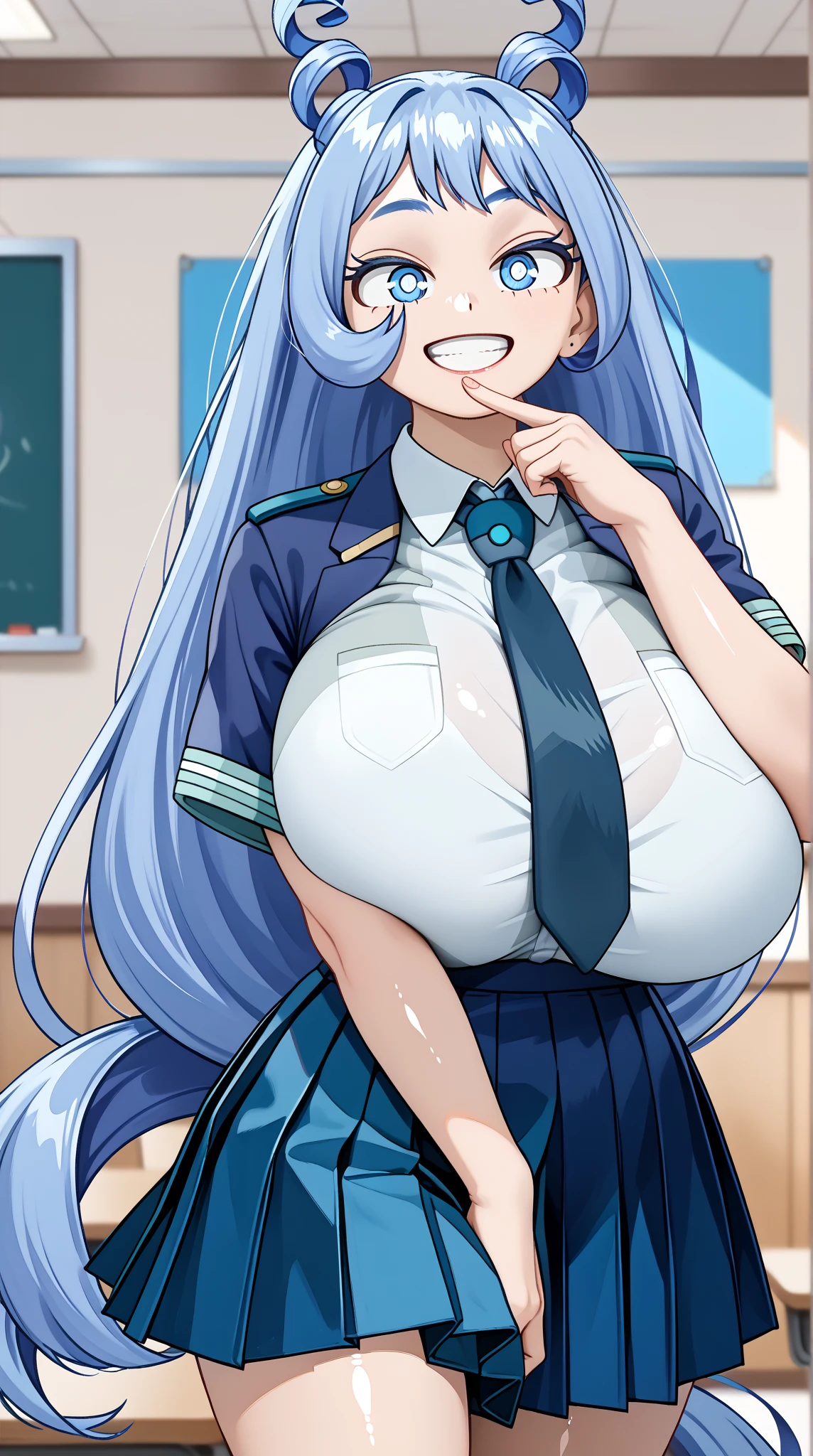 1girl,solo,17years old,hair ribbon,black ribbon,twintails,silver hair,very long hair,bangs,x hair ornament,pink eyes,+ +,large breasts,smile,happy,school uniform,blazer,open jacket,White shirt,collared_shirt,blue necktie,pleats skirt,plaid_skirt,miniskirt,thighhighs,((undressing)),White lace bra,White lace panties,front view,indoor,blue Sky,classroom,cowboy shot,