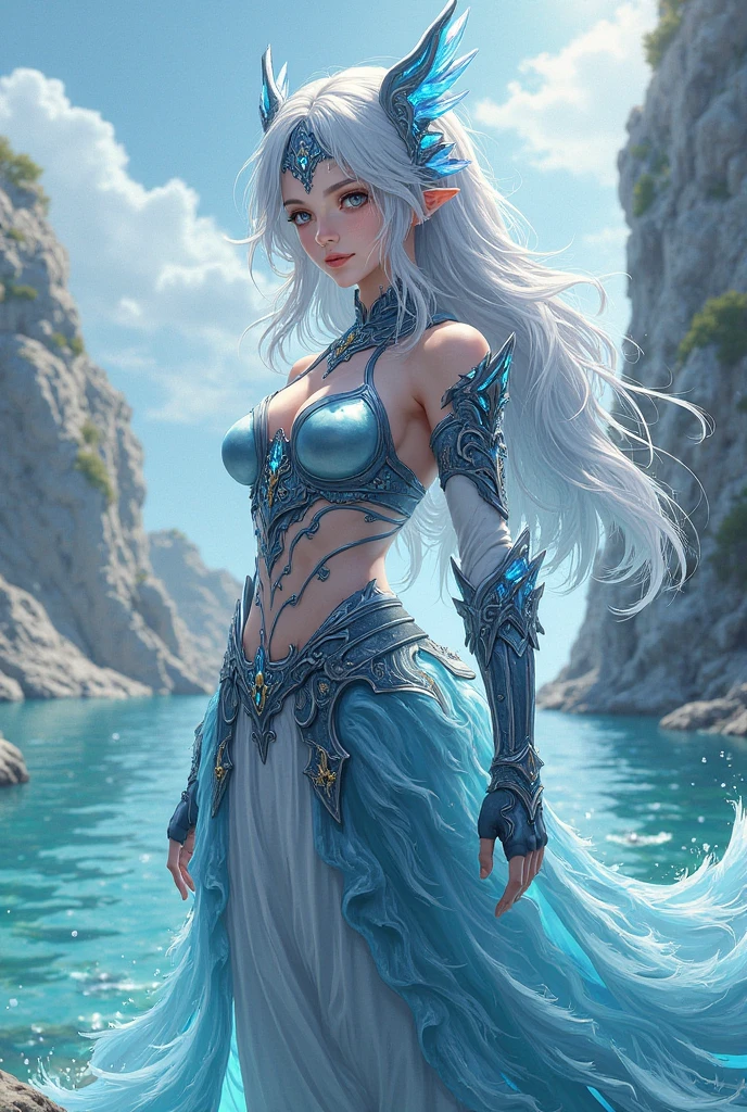 (Best quality, masterpiece, ArtStation, Fantasy Art:1.2), a castle yard, a beautiful cute girl standing in water, (long silver hair:1.1), (intricate body paint:1.35),( crop top:1.2)