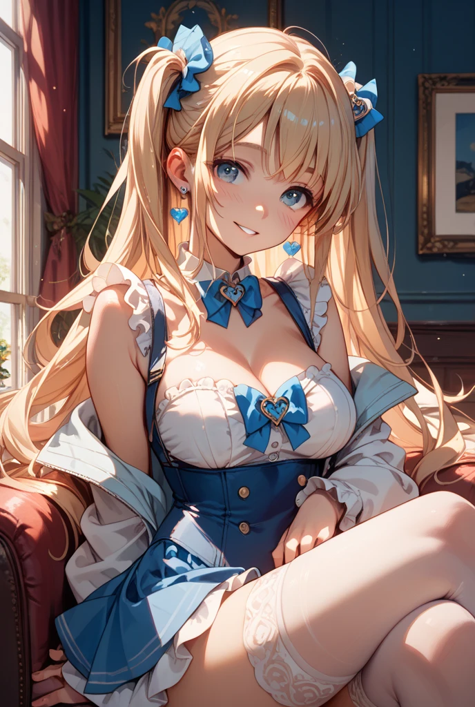 (((masterpiece))), (((highest quality))),(((In detail))), (((High resolution))), Curvy Body, Perfect Eyes, Perfect Face, Perfect lighting, 1 girl, Long Hair, Curly Hair, ((Quality clothing)), Detailed outdoor background, Compensate, (eye shadow), (thick and long eyelashes), Fantasy, Maid、whole body，Alice in Wonderland、blue sky、Bright and beautiful face、Young and shiny white glossy skin、(The ultimate beauty)、The most beautiful light blonde hair in the world、Thin Hair、Super long straight hair、Shiny beautiful bangs、Shining, clear, big blue eyes、Very beautiful and adorable 30 year old girls in the world、((Big, full and soft breasts))、Laugh shyly、(((Sexually excited expression)))、((She shows her tiny, sheer panties、Flip up the skirt、Is tempting you)), (Thick thighs), 