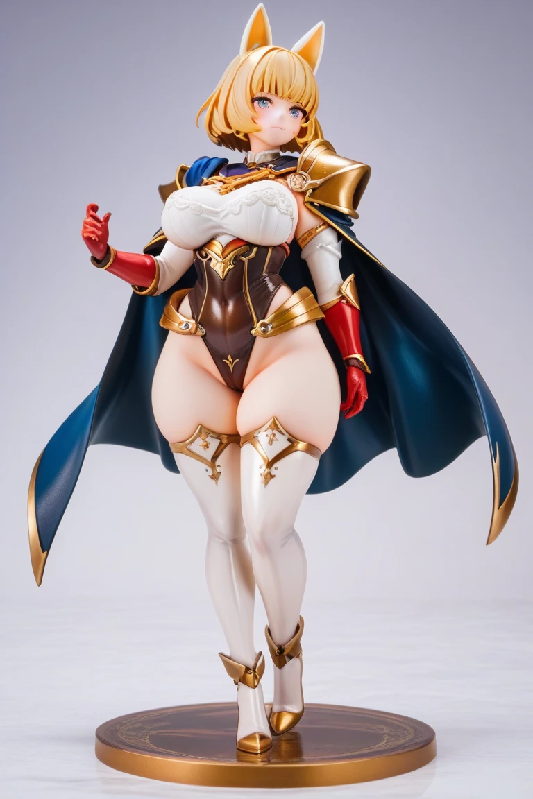 ((RED BACKGROUND)) Female full body standing straight symmetrical, looking at viewer, golden (skin, breastplate, choker, bracers, handcuffs, shackles, high heels), lustful smirking smile face red blushed red cheeks, hands (clenching) on hips, shoulder armor, faulds, poleyn, gloves, gauntlets, blindfolded golden cloth, lustful smirking smile face red blushed, red cheeks