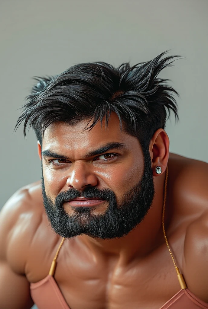 Photo-realistic, 35 year old man, long beard, short hair, military hair, black eyes, brown skin, earring in ear with pendant, black tank top, fat body, serious face, Arabic appearance --auto --s2
