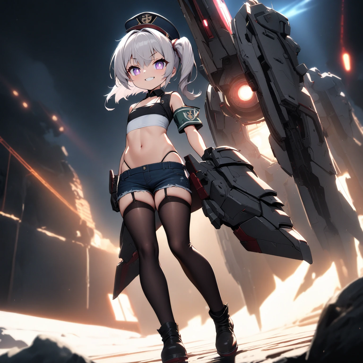 (highest quality)), ((masterpiece)), (very detailed: 1.3), 3D, (wear dark blue Old School Swimsuit under armor:1.3), 1 girl, (She is fused with futuristic Gundam mecha:1.3), with headgear, add v-fin to the forehead, armored shoulders,armored under arms, armored under legs, 2 marine thrusters attached on back, marine thrusters are symmetrical, under the calm waters of Iceland:1.2, under water, multilayer textureperfect proportions, octane rendering, duotone lighting, Low ISO, wide aperture, White balance, Rule of thirds, ultra HD16k, HDR (High Dynamic Range), Ray Tracing, NVIDIA RTX, Super Resolution, Subsurface Scattering, PBR Texturing, Post Processing, Anisotropic Filtering, Depth of Field, Maximum Clarity and Clarity, High efficiency subpixel, subpixel convolution, particles of light, light scattered, Tyndall effect, (全身:1.5, パーフェクト2アーム, 完璧な2本の足: 1.4), (完璧な4本の指: 親指1本), battle pose, cute, (cute:1.2), (セミロング:1.3),三つ編み, 黒髪, 太い眉毛, 薄い色の虹彩, 大きくて輝いている黒い瞳, 長いまつげ, 小さく薄い色の自然な唇, (Average face of Japanese idols), (日本人特有の童顔:1.3), (baby face), 広いおでこ:1.2, ふっくらした頬, 小さな顎, looking at viewer,Focus on the eyes