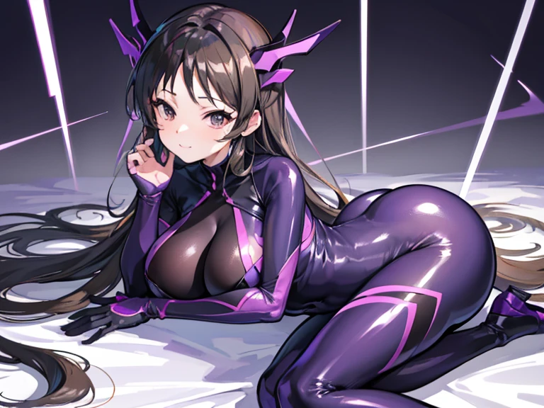Image quality, top quality, (perfect ???????), hight resolution, ultra-detailliert, 8K wallpaper, (tied up by rope:1.1), unique, extremely details CG, (Hisato Higashi:1.2), woman, (full body), (poneytail hair:1.1), (brown hair), (yellow eyes:1.1), smile, (pretty face), (beautiful fece), (purple costume), (skinny outfit:1.1), erotic, (cute smile), (round breasts), (bubble butt), (wide hips:1.1), (slim waist:1.1), (thick thighs:1.1), (detailed face and eyes:1.2), (purple latex straps:1.2), posing, blushing, (wet hair and skin:1.1), open mouth, (tied up:1.1), (tied up with a rope:1.1), (tied up with a noose), (circle gag mouth:1.1), (ring gag), (BDSM), (perfect female body), (vachon bed), (binding), (tighter constraints), clear focus, very detailed skin texture, shadow light, (perfect nails), (detailed hand and finger:1.2), (medium breasts:1.2), (busty), (deep cleavage:1.2).
