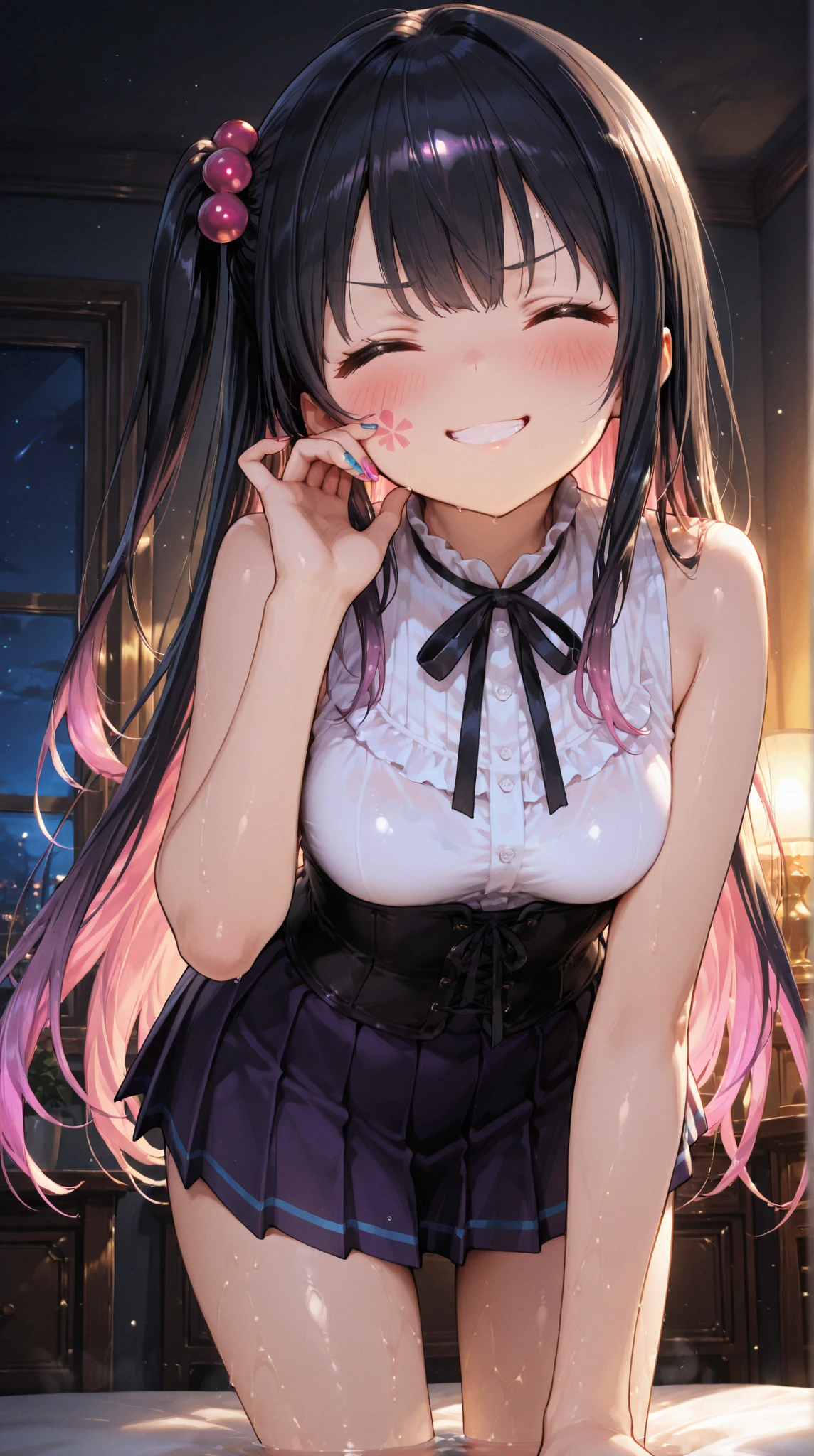 looking ahead,from above,slouch,handjob,side view,face focus,open mouth,tongue out,cum on tongue,Licking the penis,(1girl,Beautiful 14 year old girl),((Slender,Small breasts,Baby Face,Small face,)),looking at viewer,Black Hair,bangs,two side up,Gray Eyes,Drooping eyes,slit pupils,narrow eyes,Sheer black and dark pink lingerie,Collar with leash,Beautiful and detailed anime art,Mischievous smile,Dimly lit room,Simple Background,Gray background,Low lighting
