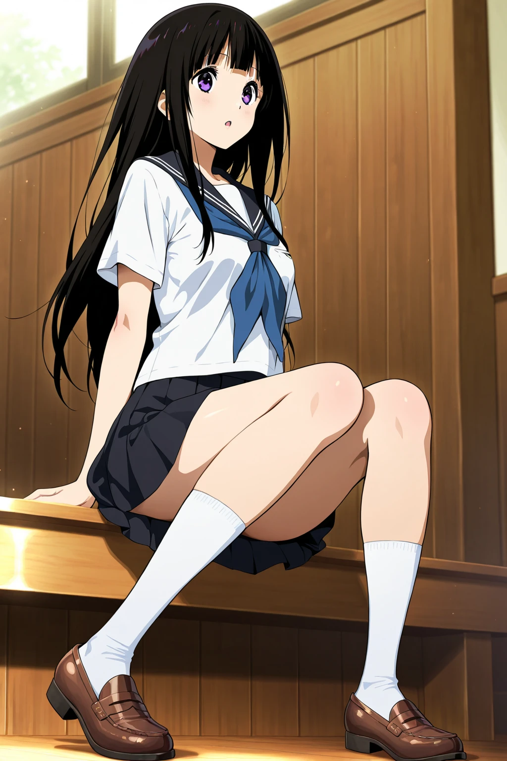 Mizushima Asa, who has big breasts and beautiful legs, is wearing a miniskirt uniform and her light blue and blue striped panties are visible. She is sitting on a chair with her legs spread wide and smiling.。