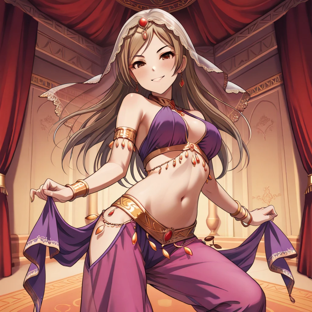 Brown Hair, Small breasts, 1girl, 独奏, large breast, blush, lipstick, masterpiece, best quality, highly detailed ,glint,halterneck,gold_choker, complex detailed background,
inside, stone wall, ancient interior, ancient egyptian room, hieroglyphs, dark lighting, dark
atmosphere, (cowboy shot), holding a sword, sword, belly_chain,harem_outfit,navel, necklace,
pelvic_curtain,revealing_clothes, Veil,masterpiece,best quality,1girl,mature,evil smile, smile,
female,mature,necklace,during, (nsfw) not safe for work, exposed belly, exposed navel, exposed
midriff, exposed lower belly, navel piercing