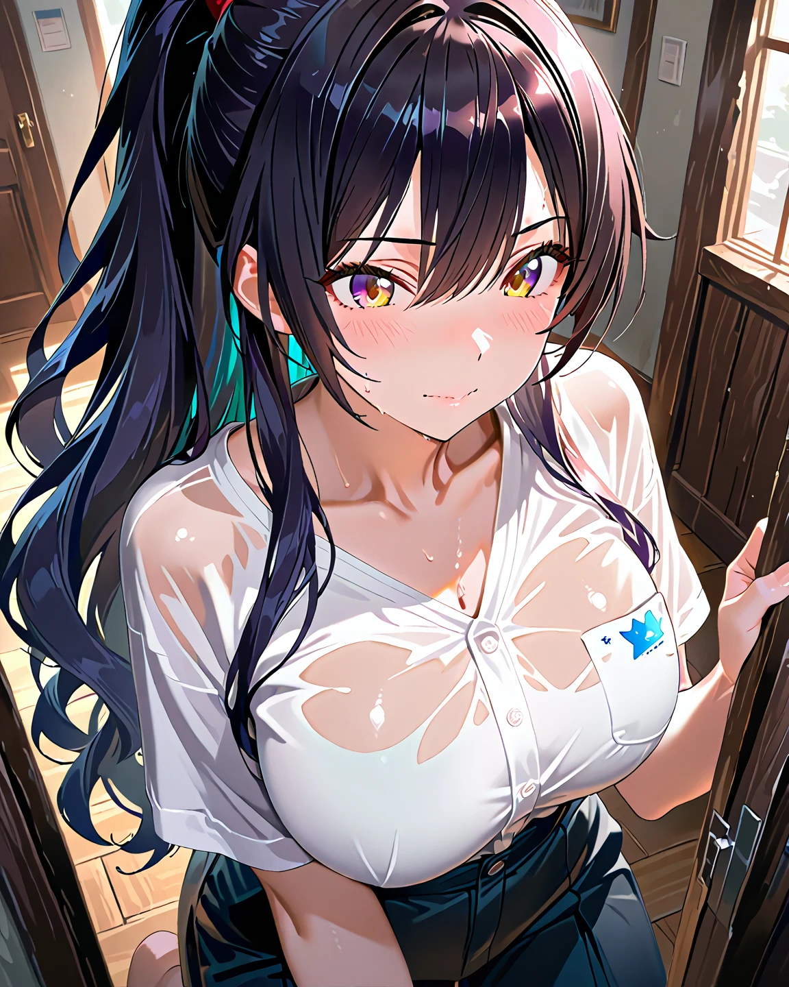 ((Upper Body:1.5))、(Huge breasts、Cleavage:1.7),Anna Yamada,smile、(school uniform:1.5)、(In the classroom)、machine、(Wearing a collar:1.5)、Earrings、Earrings,(Delicate facial features:1.5)、(masterpiece, Highest quality, High resolution, Super detailed, 8k, 4K),(Put your hands behind your head:1.5),ponytail,(Beautiful Face:1.5),Sweat,(Steam coming out of the sides:1.5)、Show off your armpits、looks happy,(Sticking out tongue:1.5)、(Cum on my chest:1.2)、(nsfw:1.5)、Drooling、shirt
