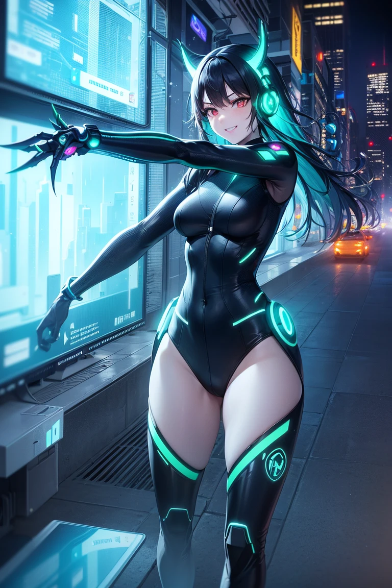 top-quality))、((masterpiece)、cyberpunked、Big buttocks、Electronic visor attached to 12-year-old girl's face with emphasis on buttocks、Cyberpunk Fashion、Sexy Posing、(Wearing green body spats on the lower body、Breasts enlarged、Neon lights in dark city at night、(Various poses)
