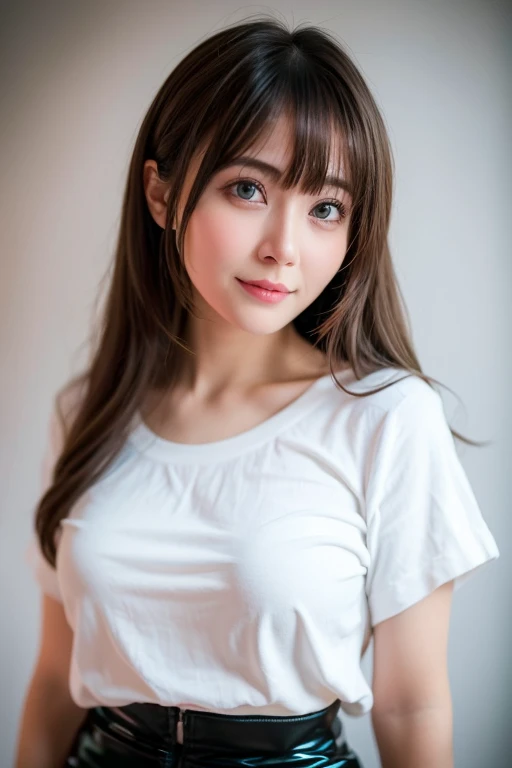 ((highest quality, 8k, masterpiece: 1.3))、High-quality photos、(Live-action 1.3)、Soft Light、One Japanese woman、26 years old、Perfect visuals、Beautiful and cute、Beautiful breasts、Delicate and beautiful face、round face、Embarrassed face、Semi-long hair、Brown Hair Styles、Wearing a T-shirt(White),In the background is a single-person apartment、