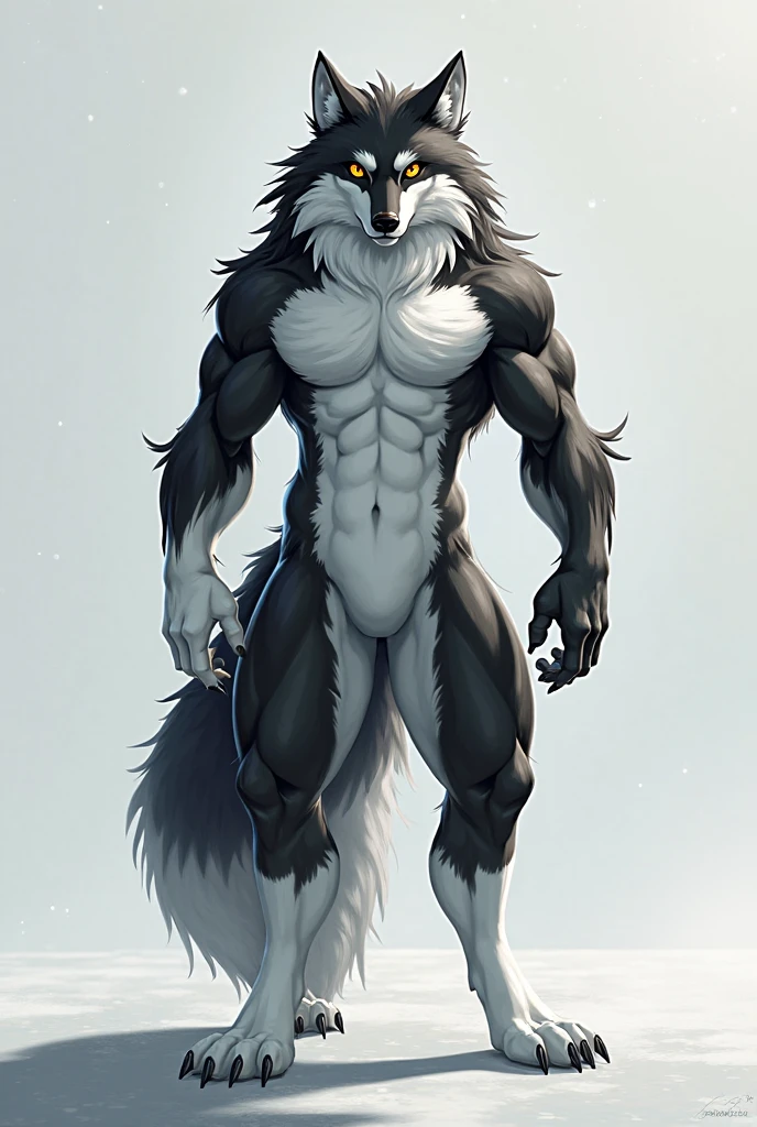 ((( masterpiece, Highest quality, High resolution, Deeply drawn boundaries, 8k, Super detailed))), ((Detailed face:1.2, Detailed eyes)), Wolf Man, male , (slim), (sheath), Full body view, Standing with legs apart, Grey Eyes, barefoot, Toned buttocks, simple background , (Abdominal muscles), Grey fur, Small nipples,