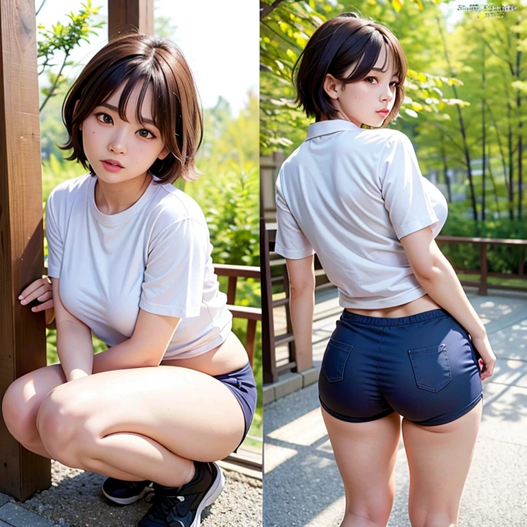 (Best Quality,4K,8K,hight resolution,masutepiece:1.2),Ultra-detailed,(Realistic,Photorealistic,Photorealsitic:1.37)Short bob hair,Dark hair,very short bangs,fringe,Average-sized breasts,smooth hair,Watch viewers blushing,Wearing a choker,Licked from behind diagonally on all fours,String pants underwear with buttocks visible,Small beautiful ass,a short skirt,Sarah Uniform Uniform