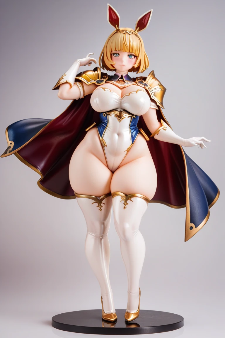 wide hips, smile, SwordMaidenNDV, 1girl, blonde hair, large breasts, long hair, white dress, black blindfold, necklace, habit,,full body,standing,jewelry,,veil、detached sleeves,bridal guntlets,wedge heels,,side slit,side boob
