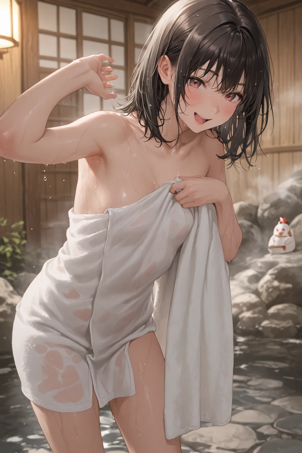 (((completely naked body)))、((Open your feet wide))、４ｋquality, 最高quality, superior_Mikoto, brown eyes, short_hair, small_chest,）ベッドのsuperiorで　　１６Year　sexy pose　Bewitching　a lot of sweat　soaking wet body　Torchlight　beautiful feet　beautiful abs