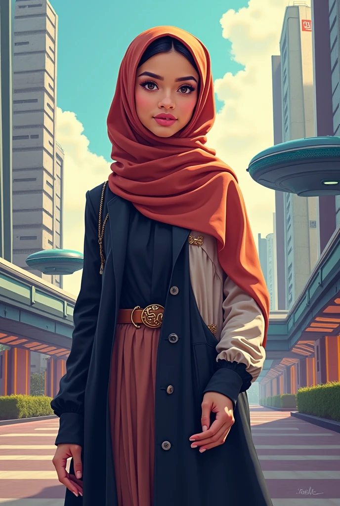a women with black hijab, red eyes, beauty, cityscapes, center of the city, blue sky, amazing sky.