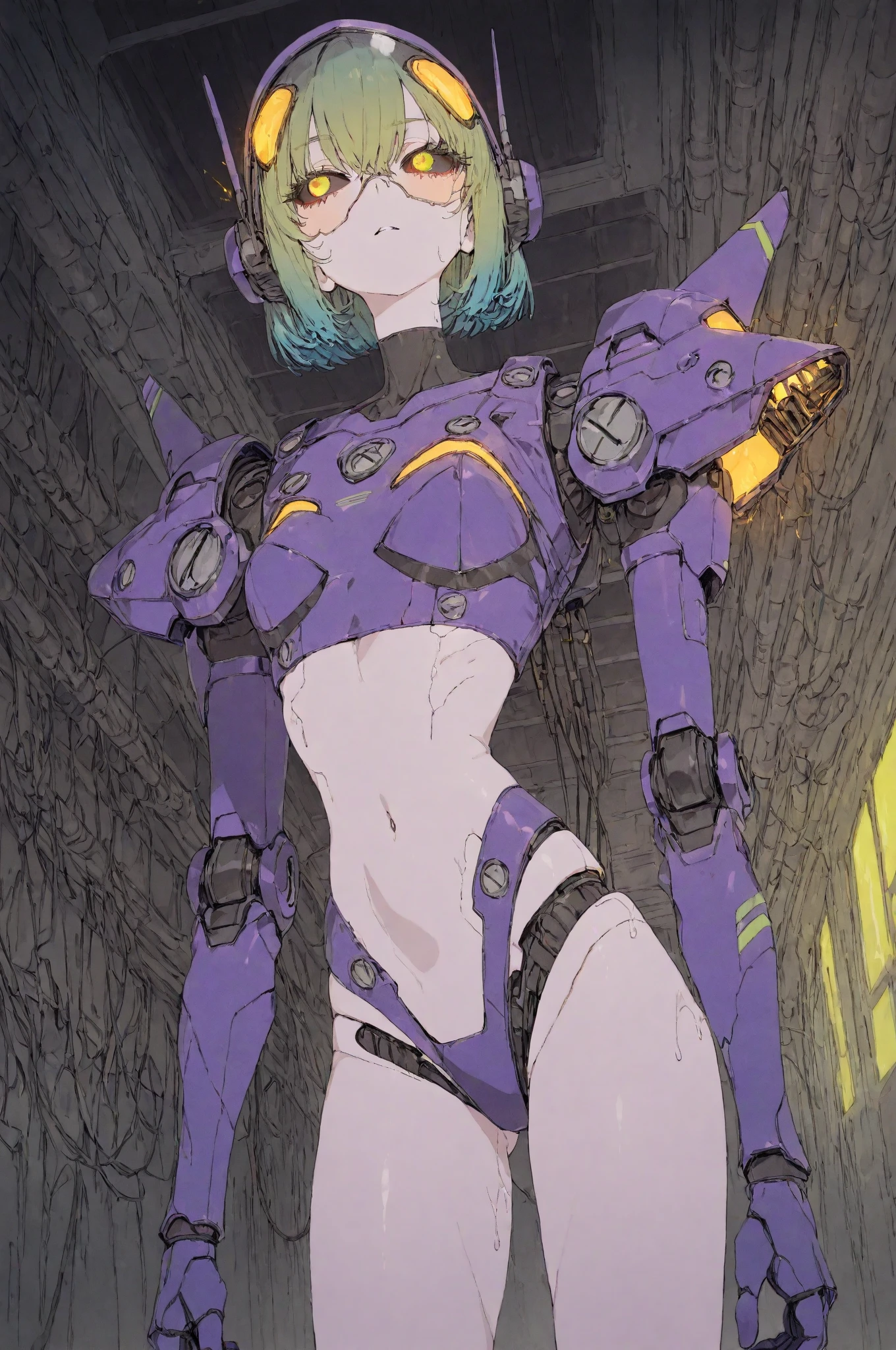 Masterpiece, best quality, Masterpiece, best quality, 1 woman, Tanned skin , purple short hair , purple hair. , sly face , black lace bikini , big breasts , abdomen , Long legs , Put your hands on your hips.. , Barefoot , full body , abandoned factory ,