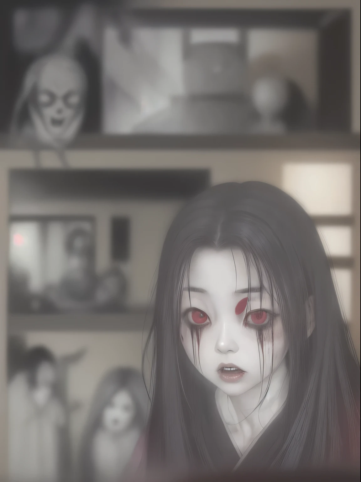 (8K, RAW photos, best quality, masterpiece: 1.4), (((Zombies)))，Ultra-high resolution, Extremely detailed, light, Upper body close-up, 阴森的Zombies, Red Eyes, (Eyes of fear, Eyes are bright:1.2), horrifying,dark, High-quality shadows, Natural Lighting, (White highlights:1.2), night, cloudy day, (at home:1.2), (Weird:1.2)
