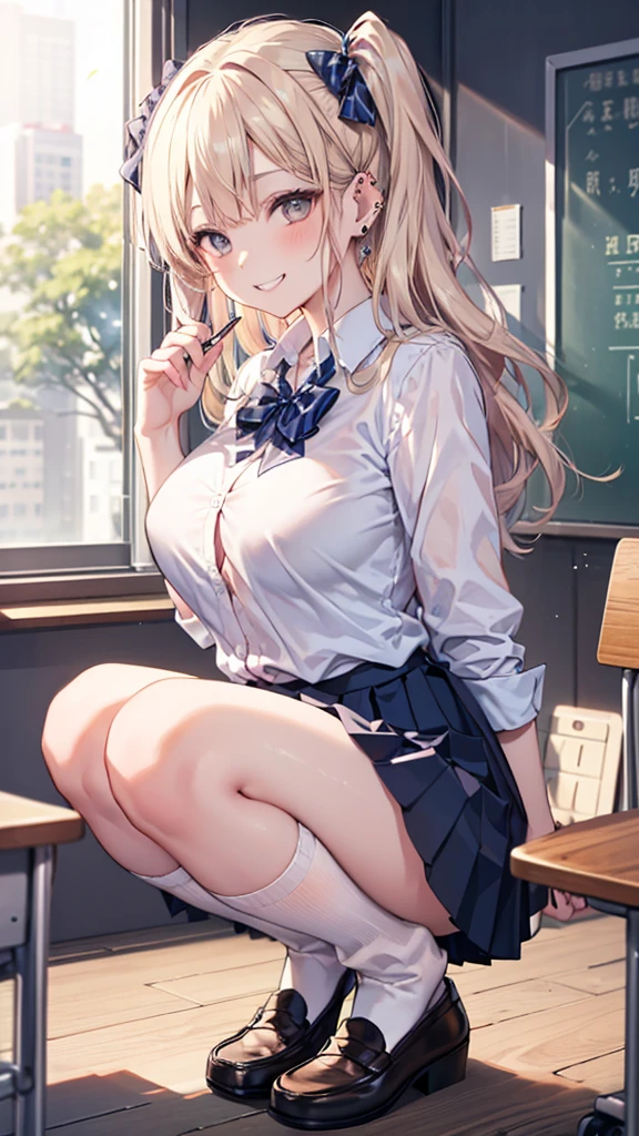 (masterpiece:1.3, Highest quality), (Realistic, photoRealistic:1.4), Beautiful illustrations, Perfect lighting, colorful, Written boundary depth,
Looking at the audience, whole body, Front view:0.6, 1 Girl, alone, Japanese, high school girl, Improve, (Big Breasts:1.8, Big Ass, Captivating thighs, Skin dents),
(Long Hair:1.5, Side Ponytail), Asymmetrical bangs, Purple eyes, Part your lips, (very tanned and shiny skin),
Beautiful Hair, Beautiful Face, Highly detailed face, Fine and beautiful eyes, Beautiful clavicle, Beautiful body, Beautiful breasts, Beautiful thighs, Beautiful legs, Beautiful fingers, ((Collared short-sleeved shirt, White shirt, , pink plaid pleated skirt, Black tie)), White panties, Polka dot hair scrunchie,
( Sexy pose), (Captivating smile), evening,sit in classroom,Gal,(Brown Skin:1.5),(blonde:1.5),(View from below),