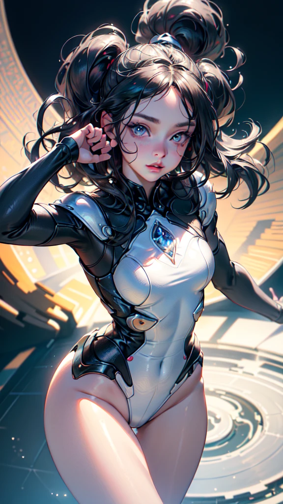 ((best quality)), ((masterpiece)), ((realistic)), (detailed), reflective luminous white: 1.5, bright red texture: 1.3, 1beautiful young black hair woman with sticky jumpsuit (cameltoe), sexy, photo from top to bottom, lots of bright neon mushrooms, mandalas, cinematic, crisp, ray tracing, brightness, luminosity