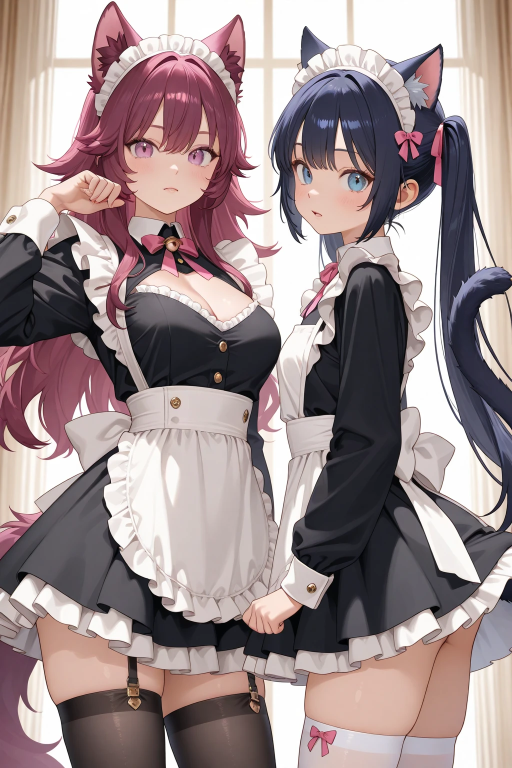 highest quality, masterpiece, ((2 girls:1.5)), ((smile:1.3)), (blush:1.3), Black Shirt, blouse, ((fun!!)), (Small breasts), Blonde, (Long sleeve), ((White apron:1.5)), ((Maid)), ((hair ornaments)), Kamimei, look at me, ((in house:1.5)), Taking a break from watching the audience, Cowboy Shot, (skirtlift:1.3), (Highly detailed pink striped panties:1.3), (Highly detailed panties:1.3), (skirt that rolls up:1.3), (Panties fully exposed:1.5), Light blue eyes, long hair, Glowing Eyes