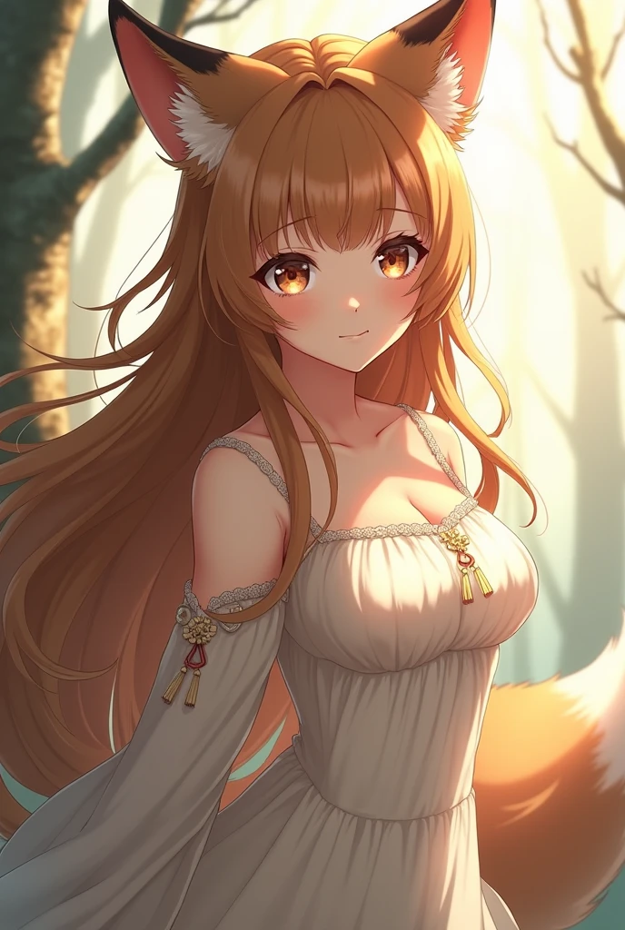 (masterpiece), best quality, expressive eyes, perfect face, fox girl, ((fluffy tail)), (under cherryblossom tree), coloful summer dress, embroided summer dress, red eyes, detailed eyes, perfect face, cleavage, best view angle, Portrait effect