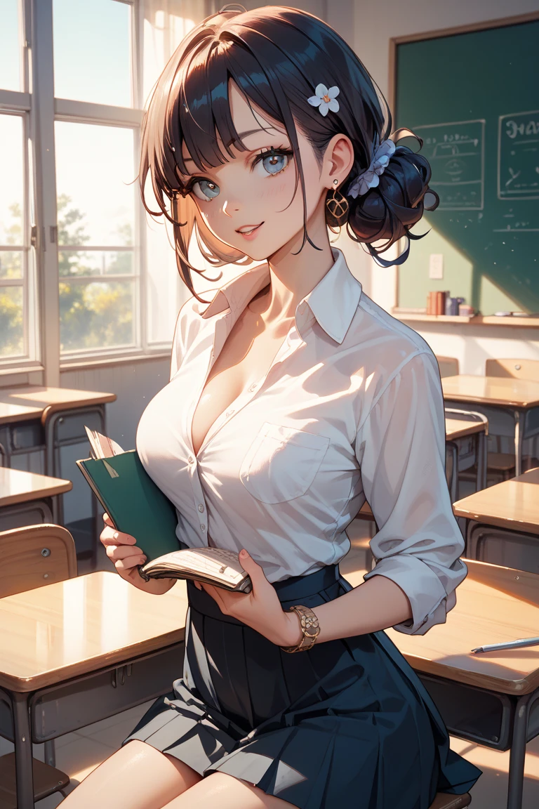 woman, cute, Big tits, brown hair, long hair, stand, classroom, , white skin, holding a book