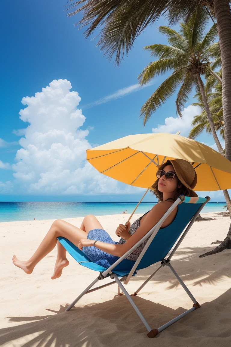 A woman lies on a beach chair, wrapped in a blanket and smiling at the camera. She has glasses on her face and is wearing a white blouse. sunbathing on the beach, relaxing on the beach, beach photo, lying on the sand, over the shoulder view, above - shoulder photo, half body close-up photo, over the shoulder photo, on a beach, belly button showing. The background features other sun loungers under a cloudy sky. colorful umbrellas, blue chairs and the ocean.