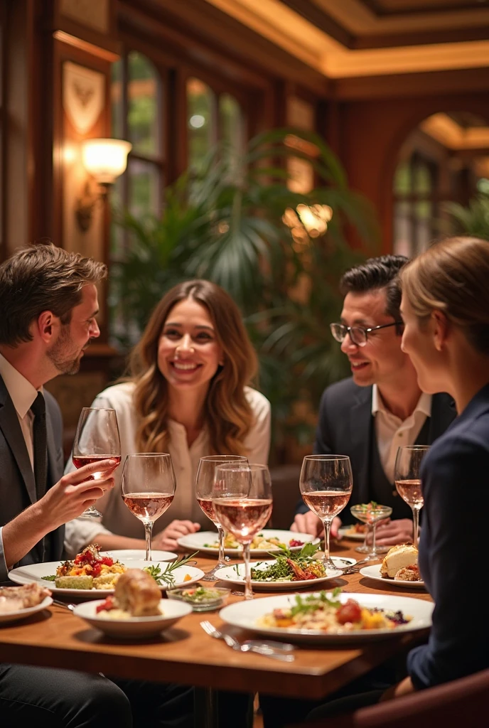 realistic image of "A modern office at night, transformed into a lively social environment. employees, dressed casually, They gather in small groups talking and laughing. The lighting is warm, with soft lights that create a cozy atmosphere. The desks are clear, and deep down, There is a table with drinks and snacks, where some employees serve themselves cocktails and wine."