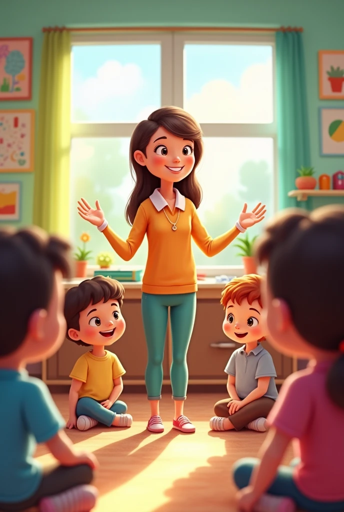 Generate an image for me where an early childhood education teacher is telling a story or tale with emphasis on syllables:
- The teacher tells a short story or reads a tale where key words are highlighted and divided into syllables.. As you read, The teacher pauses at important words to divide them and count the syllables together with the children.. This helps contextualize the concept of syllables within a story..