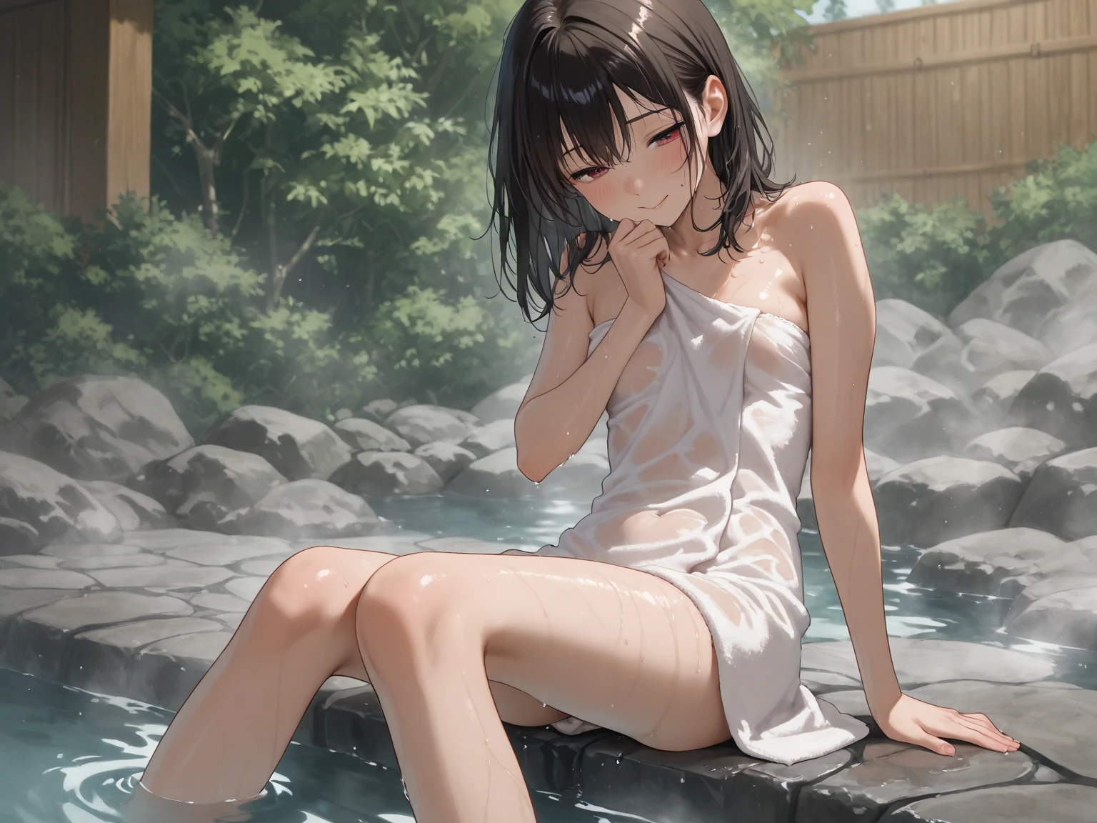 Realistic background blur that looks like it was taken with a high-performance camera.、Please provide high quality illustrations........。A beautiful girl soaking in a hot spring with a relaxed expression.、The steam rising from the bathtub is beautifully depicted.........。Attention to detail in hair and skin、Enjoy the natural texture。To convey the atmosphere of a hot spring area、Please draw the surrounding scenery and hot spring facilities.........。Beautiful girl、Undressed、Naked、Exposing her breasts、fullnude、chest small size、Exposing thighs、Transparent between the strands、、Barely showing genitals in the crotch、Highlight that the chest is uncovered。。。、Please draw an illustration that takes advantage of her charm.........。"