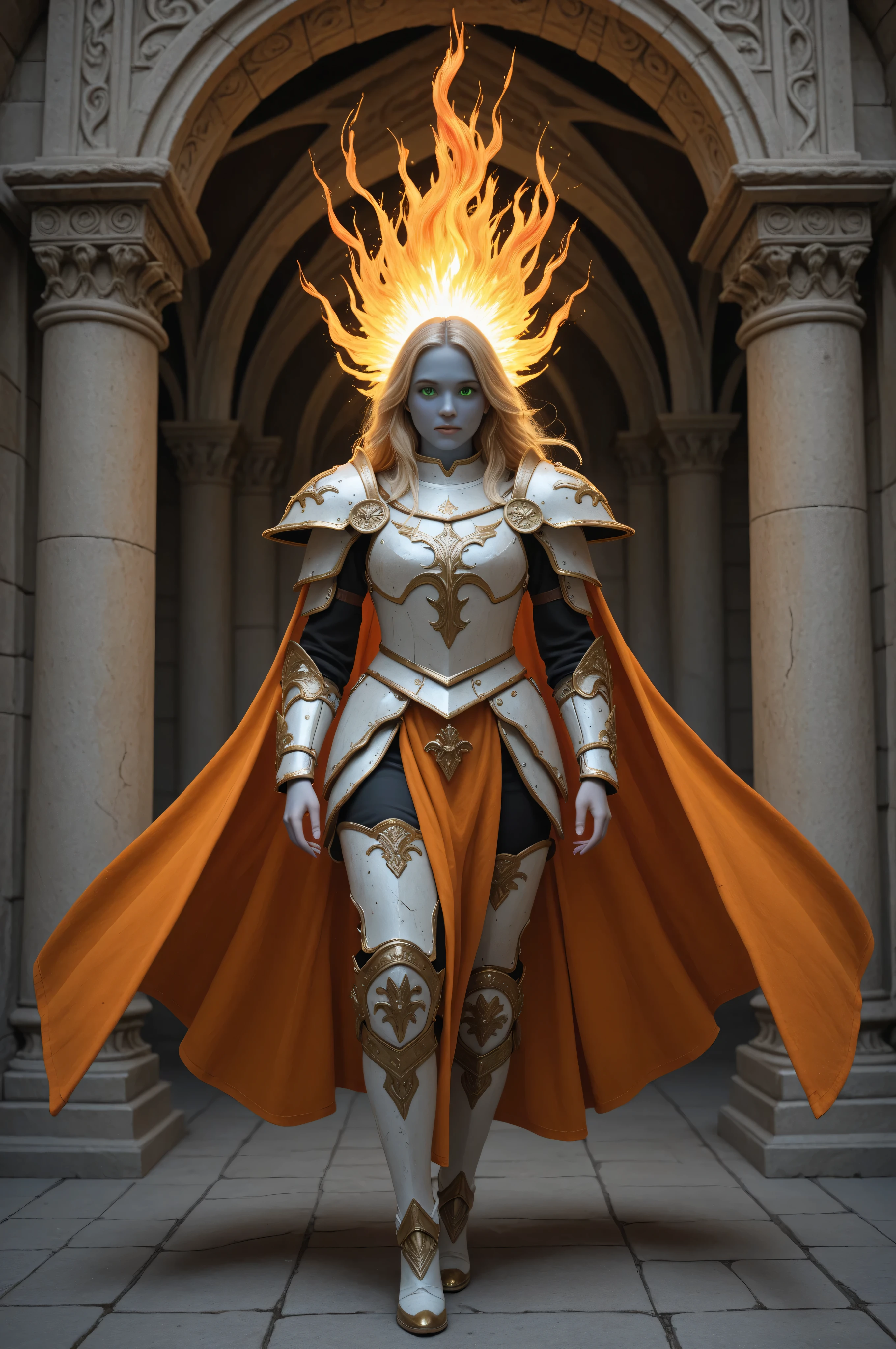 perfection style,3DMM,perfection style,A illustration in the commix style,holy armor,fantasy armor,portrait of a female cleric of twilight, casting radiant spell, exquisite beauty, blue skin female, yellow hair, long hair, (((no ears))), green eyes, red fire, wearing (twilight priestly combat vestments), wearing white armor, wearing high heeled boots, wearing white armor, wearing an (orange cloak), wearing glowing holy symbol, fantasy art, dnd art, RPG art, wide shot, (masterpiece) intense details, highly detailed, photorealistic, best quality, highres, within fantasy temple background, reflection light, high details, best quality, 16k, [ultra detailed], masterpiece, best quality, (extremely detailed), close up, ultra wide shot, photorealistic, RAW, fantasy art, dnd art, fantasy art, realistic art,((best quality)), ((masterpiece)), (detailed), perfect face, fantasy, glowing, ember