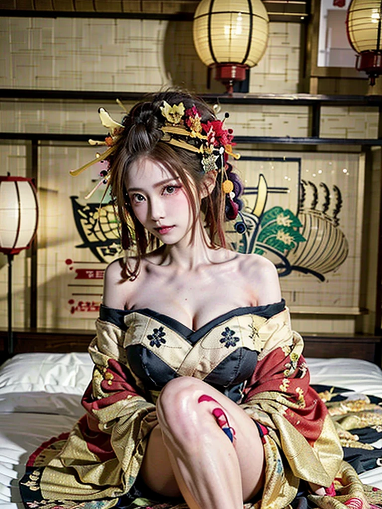 (Amateur Photography), Rear View, 1 Girl, Beautiful woman in Harley Quinn costume,, Straddle, Red top, Halloween, taken on の old camera, Low resolution, Flash photography, Grainy, Sepia, Polaroid, Beautiful Face, Happy, Laughter, Beautiful Eyes, Show me your breasts, Award-winning scenery 、Oiran